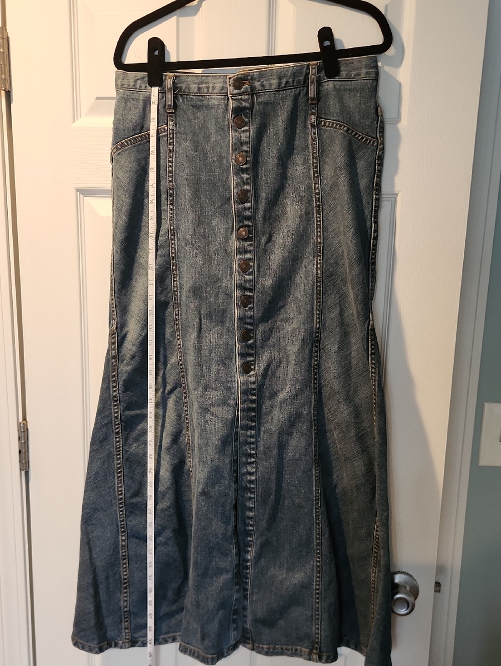 Free People Button-Front Denim Maxi Skirt in Faded Blue